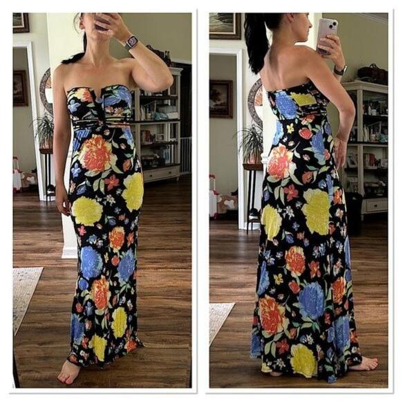GUESS Strapless Bustier Floral Print Maxi Dress in Black Multicolor Size XS EUC - Picture 1 of 16